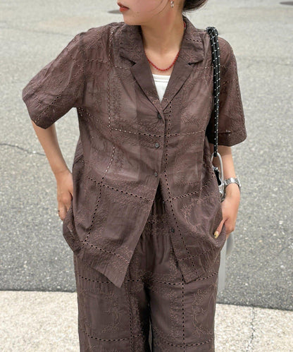 【可成套穿著】拼布刺繡半袖透視襯衫