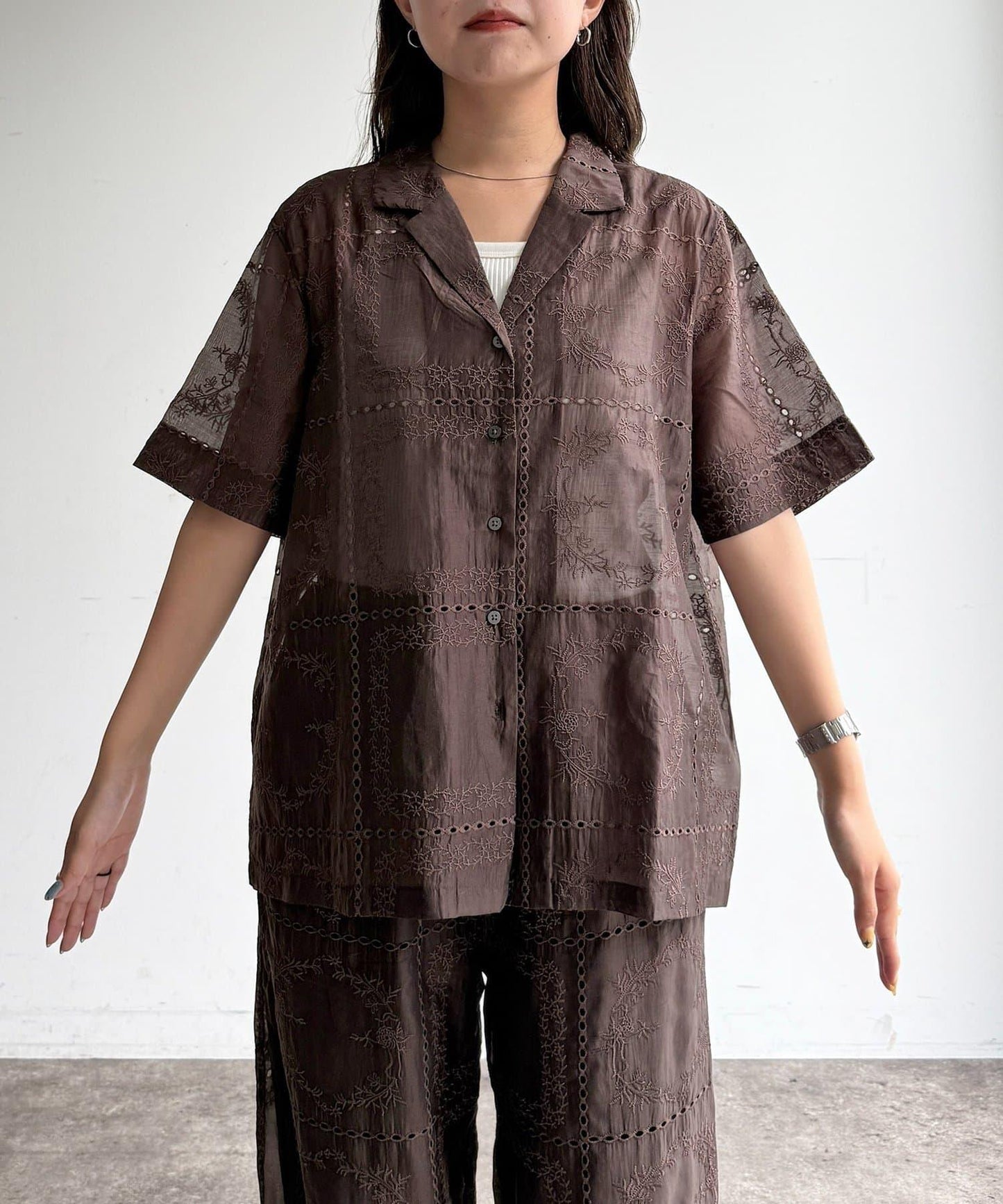 【可成套穿著】拼布刺繡半袖透視襯衫