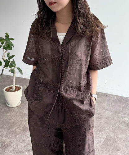 【可成套穿著】拼布刺繡半袖透視襯衫
