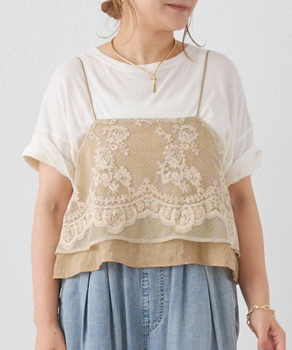 波點薄紗刺繡吊帶衫