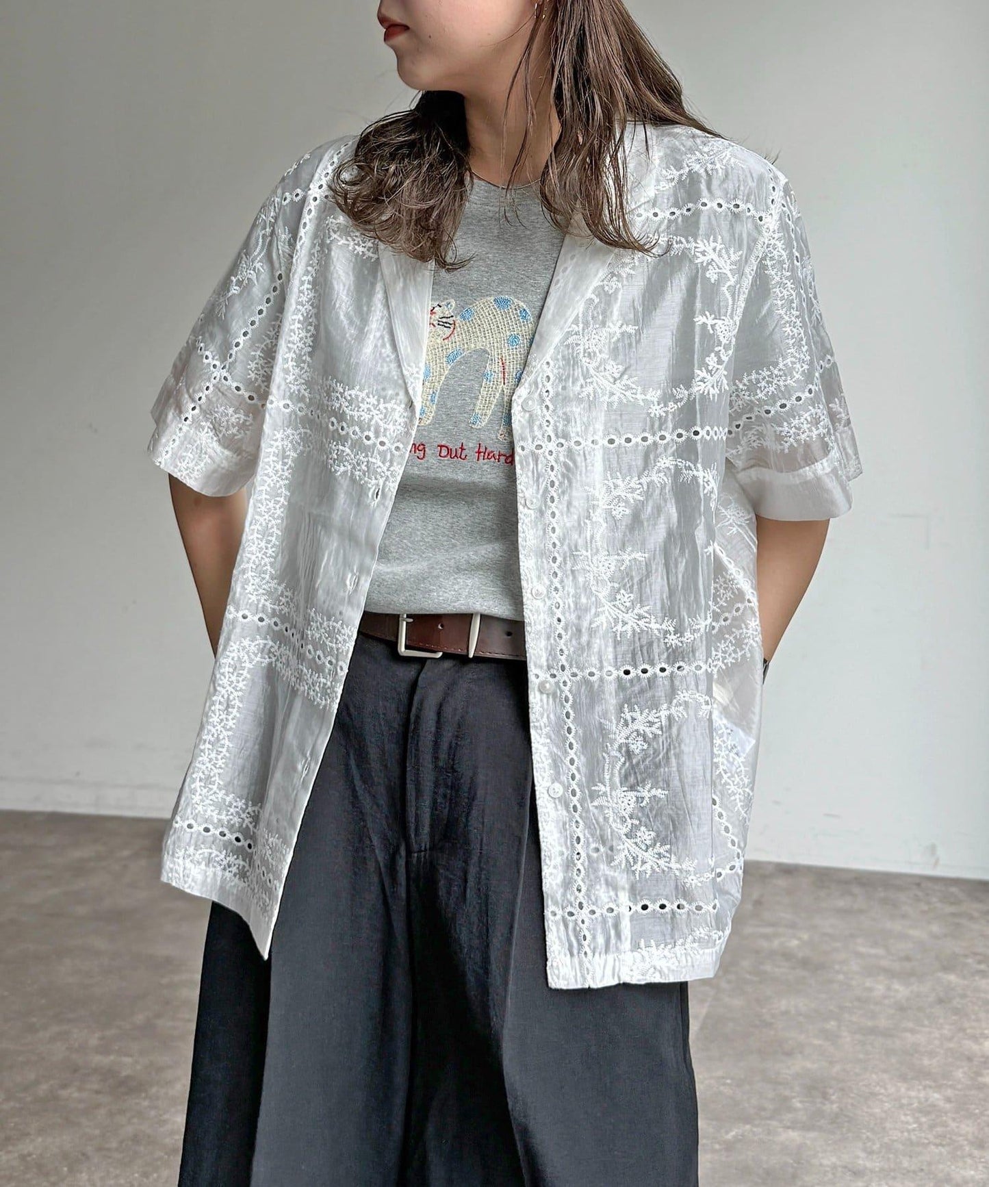 【可成套穿著】拼布刺繡半袖透視襯衫
