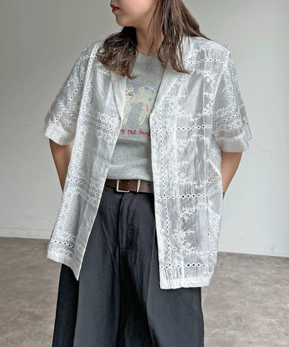 【可成套穿著】拼布刺繡半袖透視襯衫