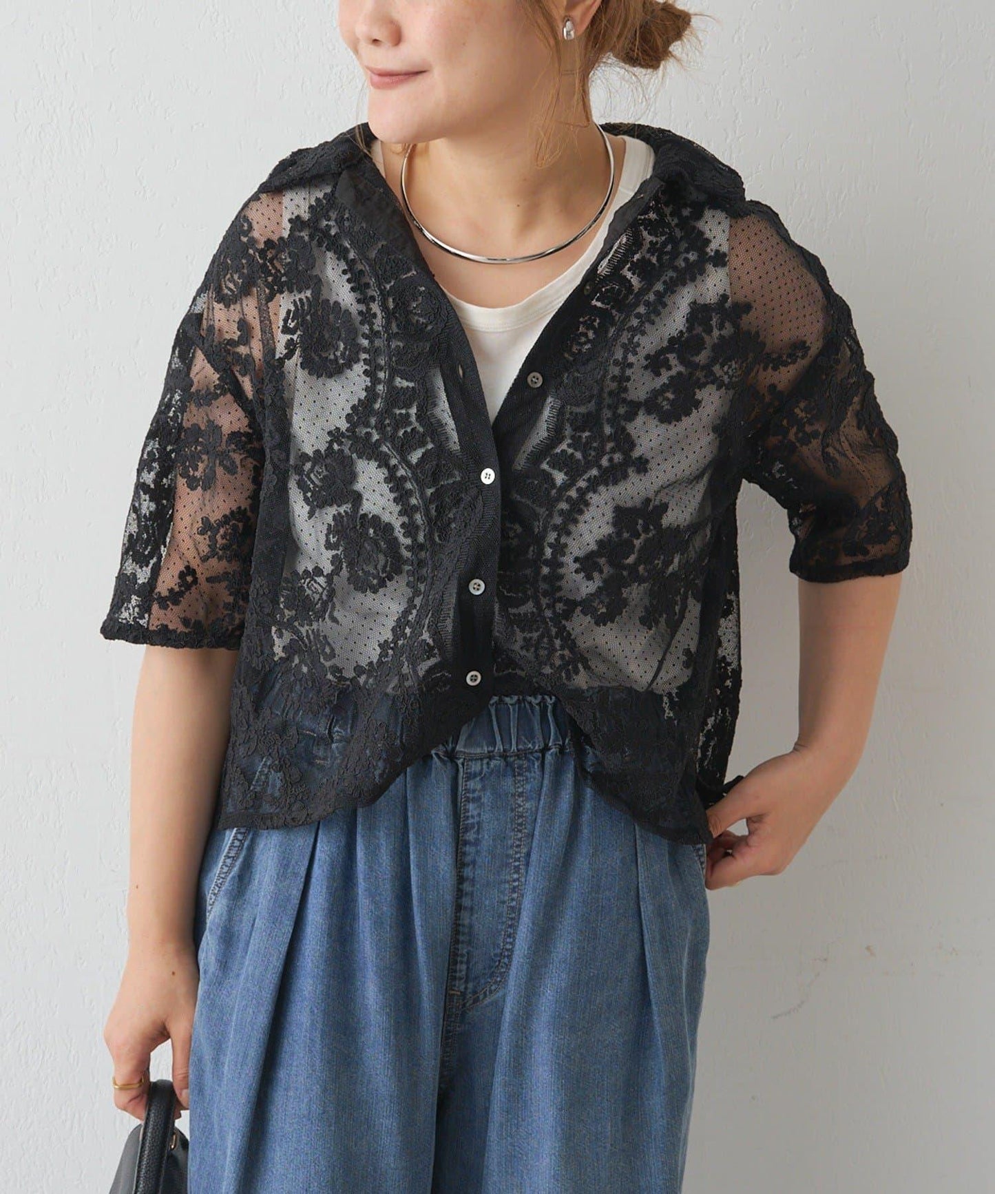 波點薄紗刺繡襯衫