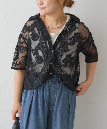 波點薄紗刺繡襯衫