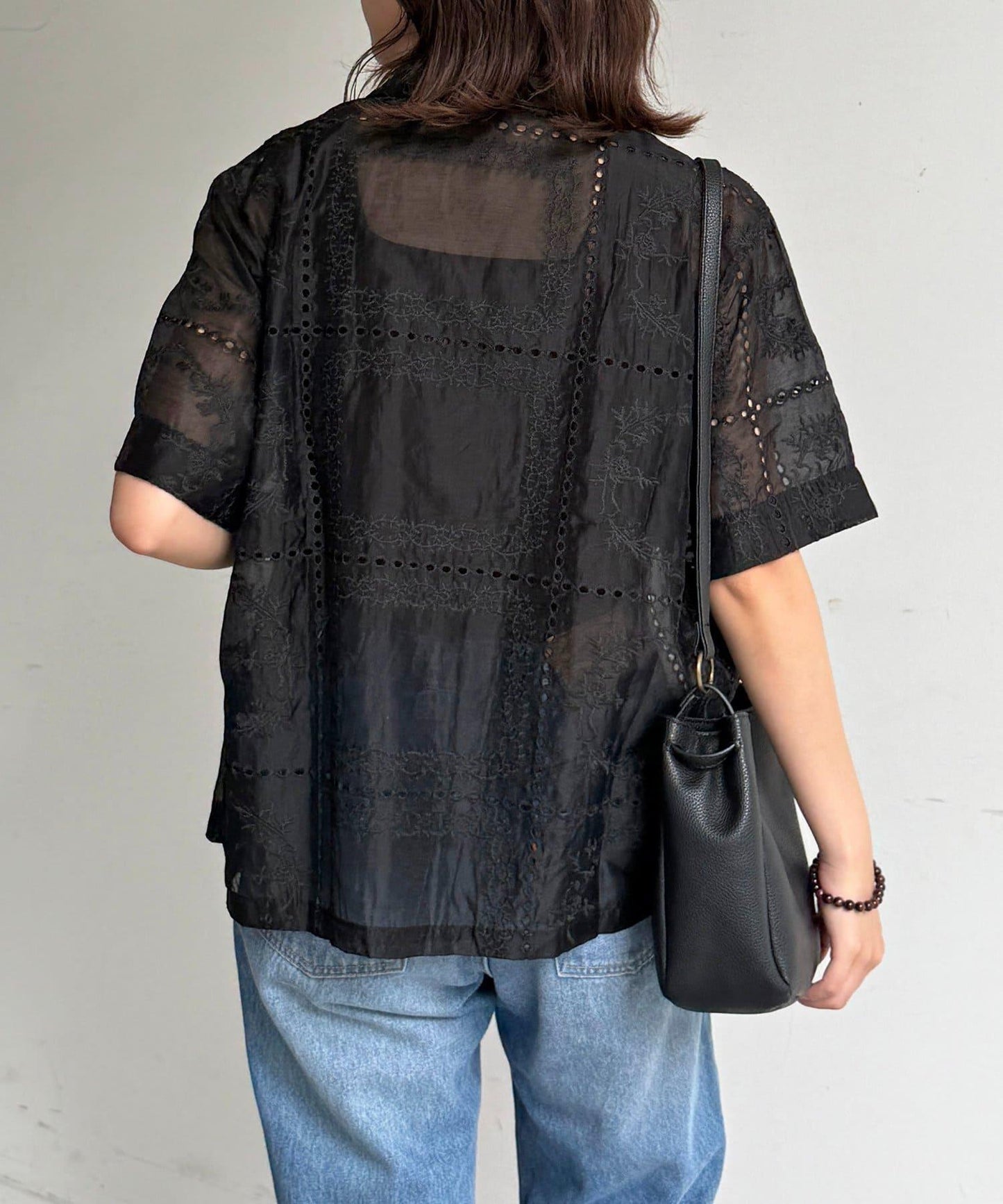 【可成套穿著】拼布刺繡半袖透視襯衫