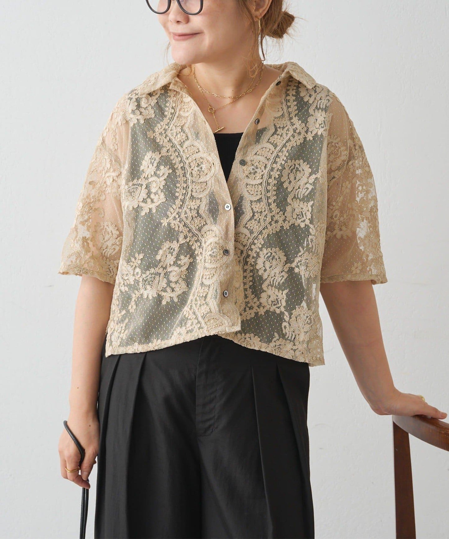 波點薄紗刺繡襯衫
