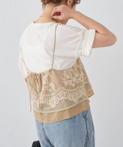 波點薄紗刺繡吊帶衫