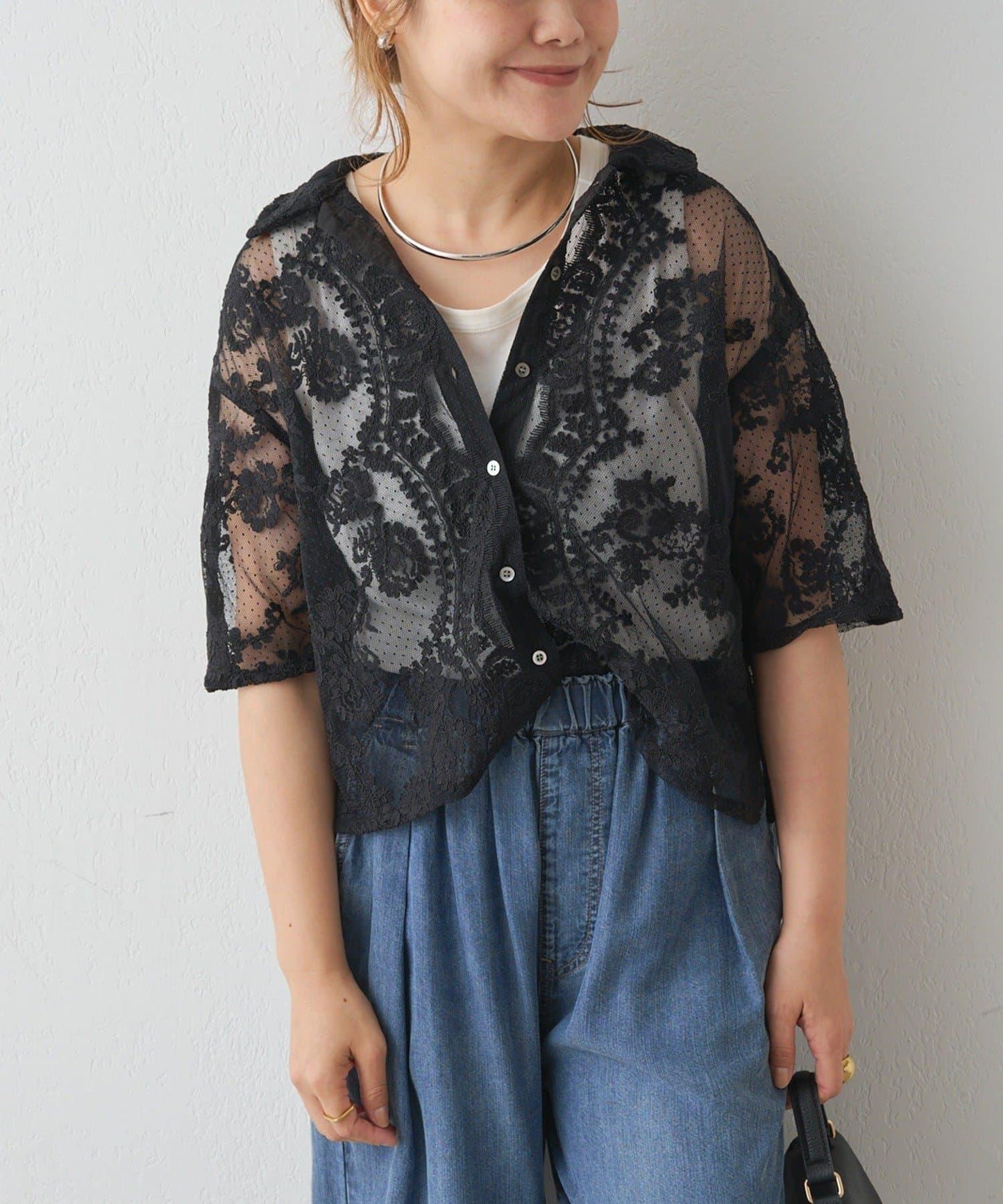 波點薄紗刺繡襯衫
