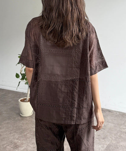 【可成套穿著】拼布刺繡半袖透視襯衫