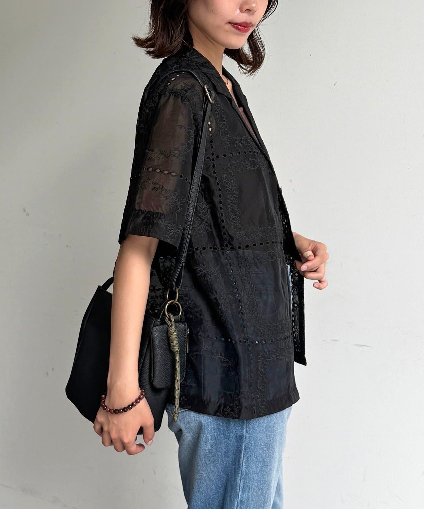 【可成套穿著】拼布刺繡半袖透視襯衫