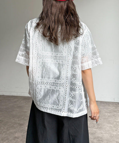 【可成套穿著】拼布刺繡半袖透視襯衫