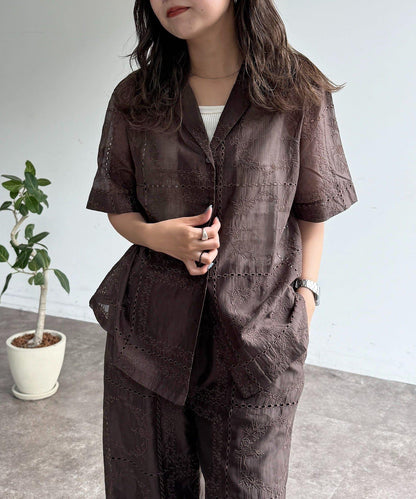 【可成套穿著】拼布刺繡半袖透視襯衫