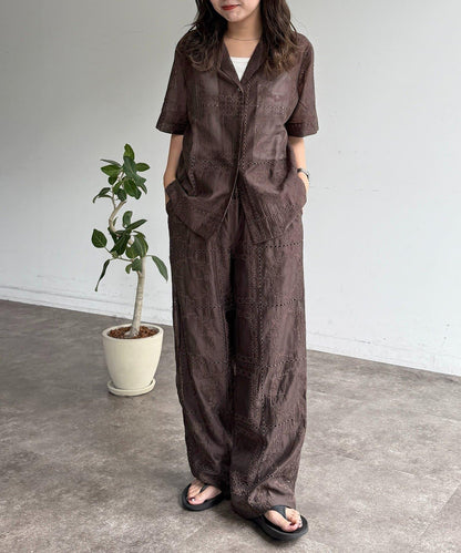 【可成套穿著】拼布刺繡半袖透視襯衫