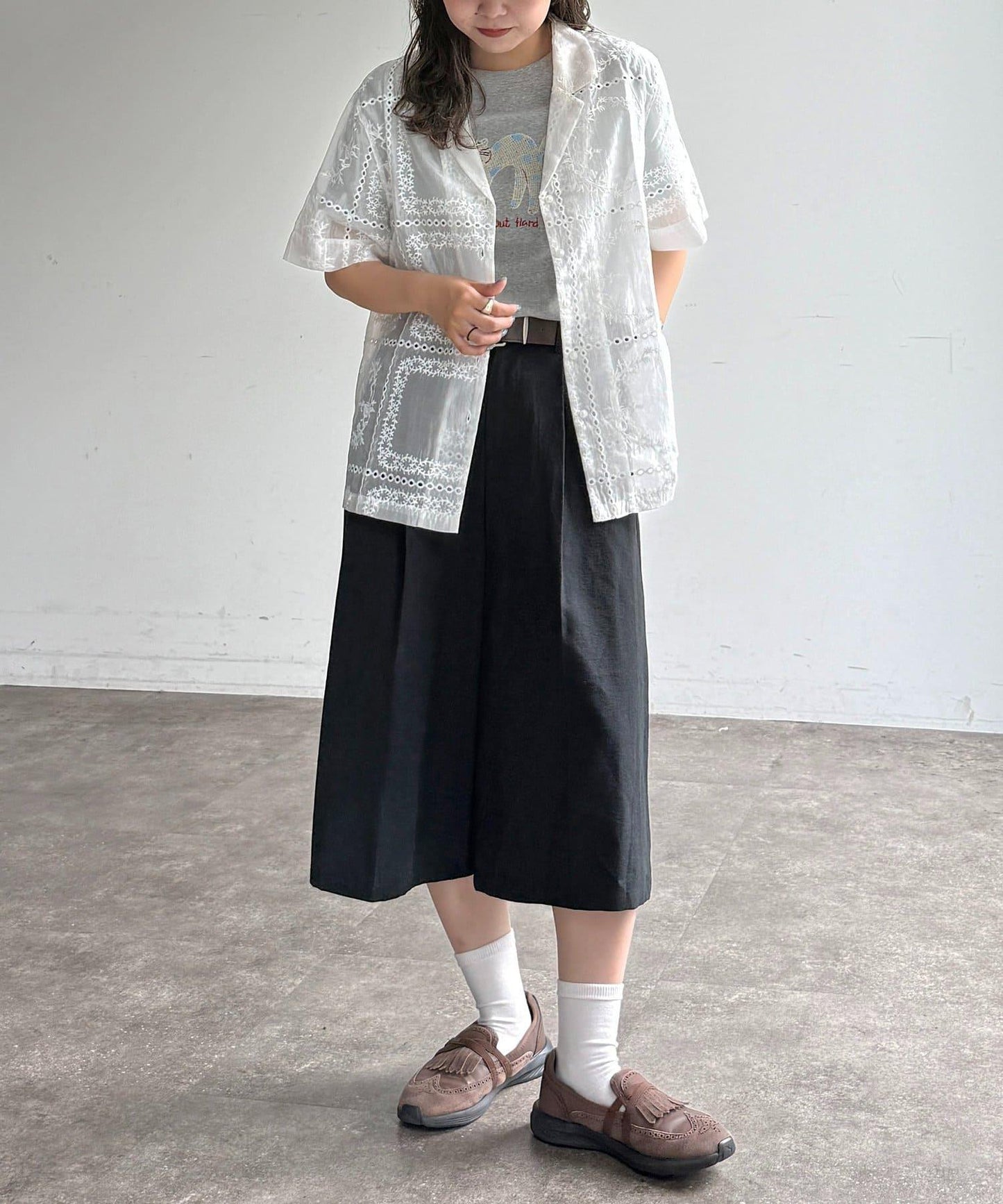 【可成套穿著】拼布刺繡半袖透視襯衫