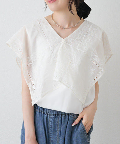 方領刺繡蕾絲襯衫