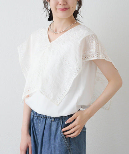 方領刺繡蕾絲襯衫