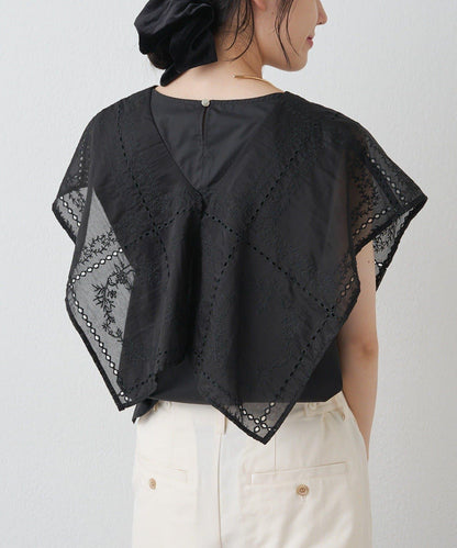 方領刺繡蕾絲襯衫