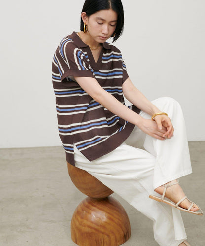 透膚條紋翻領針織衫