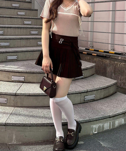 continuer 蕾絲綁帶短袖針織上衣
