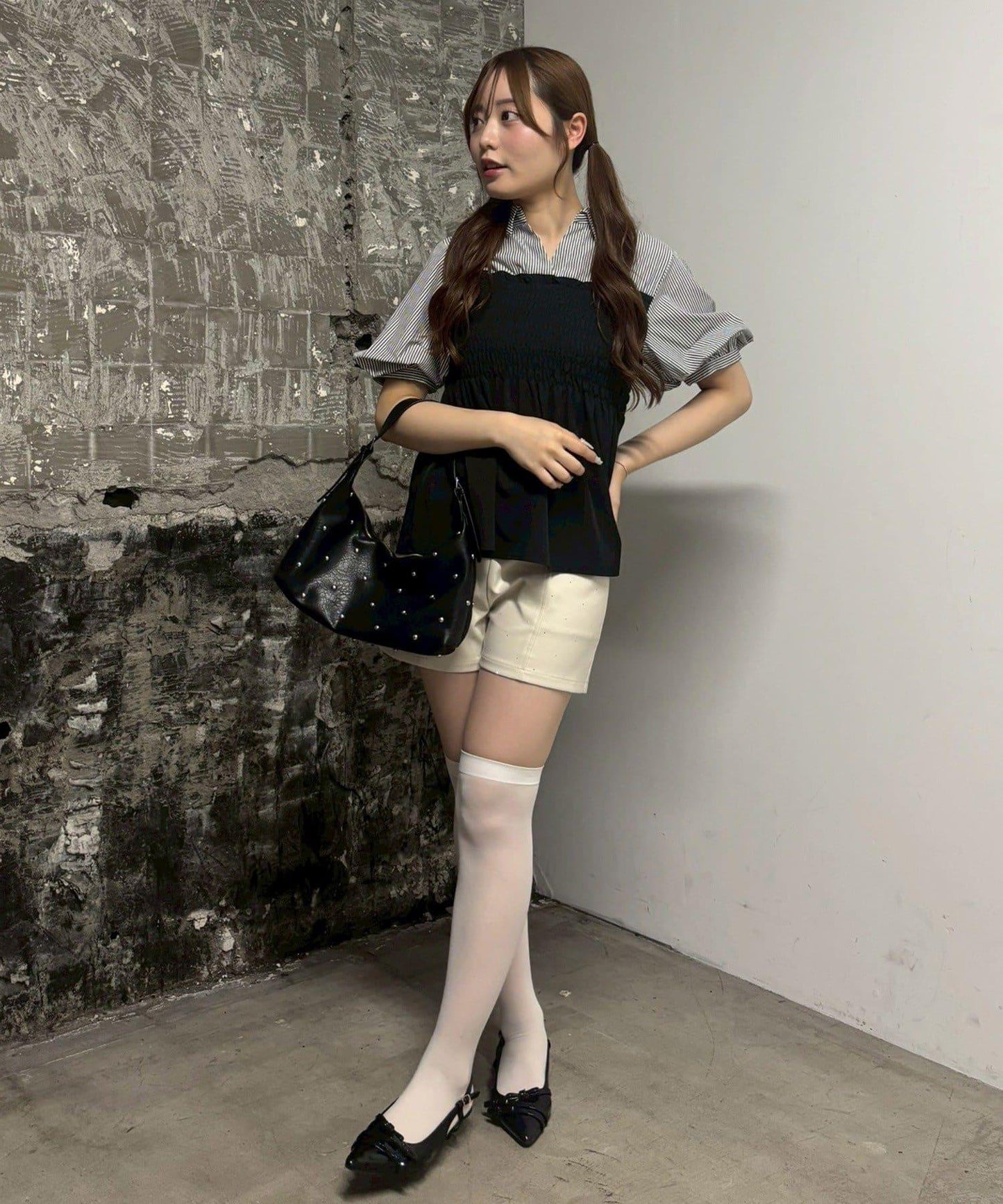ANOTHER BRANCH 褶皺拼接收腰下襬襯衫