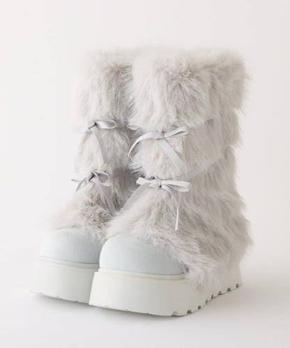 蝴蝶結人造毛厚底靴