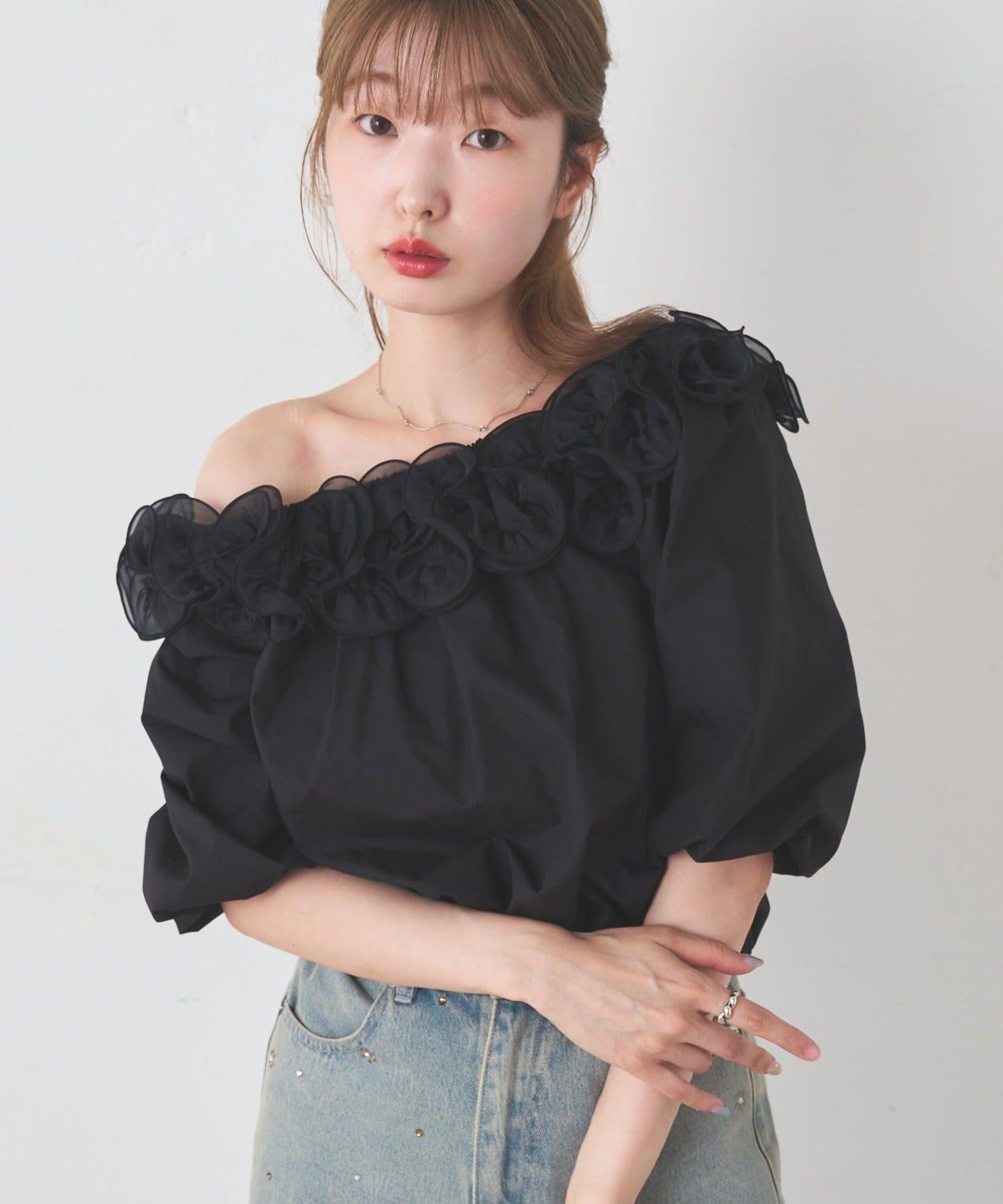 純色格紋玫瑰花邊襯衫