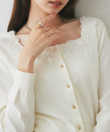 方領蕾絲針織開衫