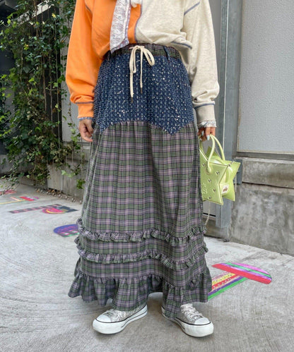 HELLO.SANFRANCISCO 亮片牛仔格紋拼接半身裙
