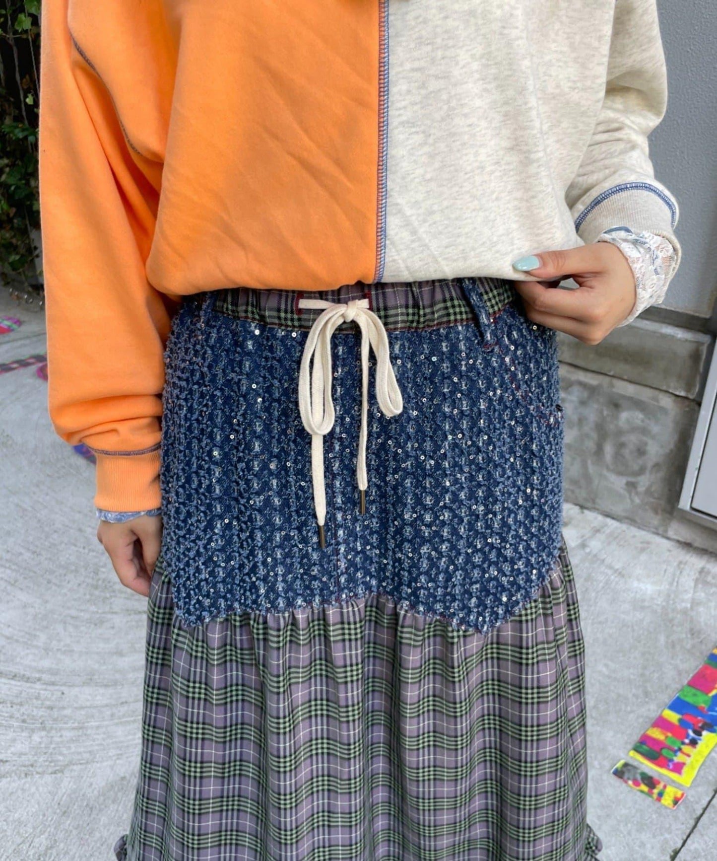HELLO.SANFRANCISCO 亮片牛仔格紋拼接半身裙