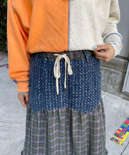 HELLO.SANFRANCISCO 亮片牛仔格紋拼接半身裙