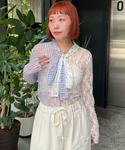 HELLO.SANFRANCISCO 蕾絲拼接蝴蝶結繫帶T恤