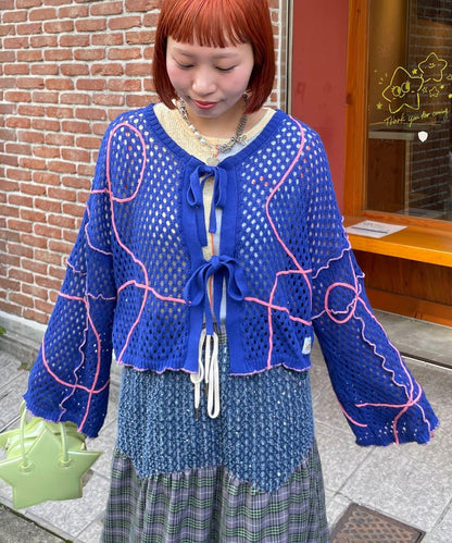 HELLO.SANFRANCISCO 波浪形網眼蝴蝶結針織開衫