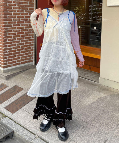 HELLO.SANFRANCISCO 配色不對稱蕾絲吊帶連衣裙