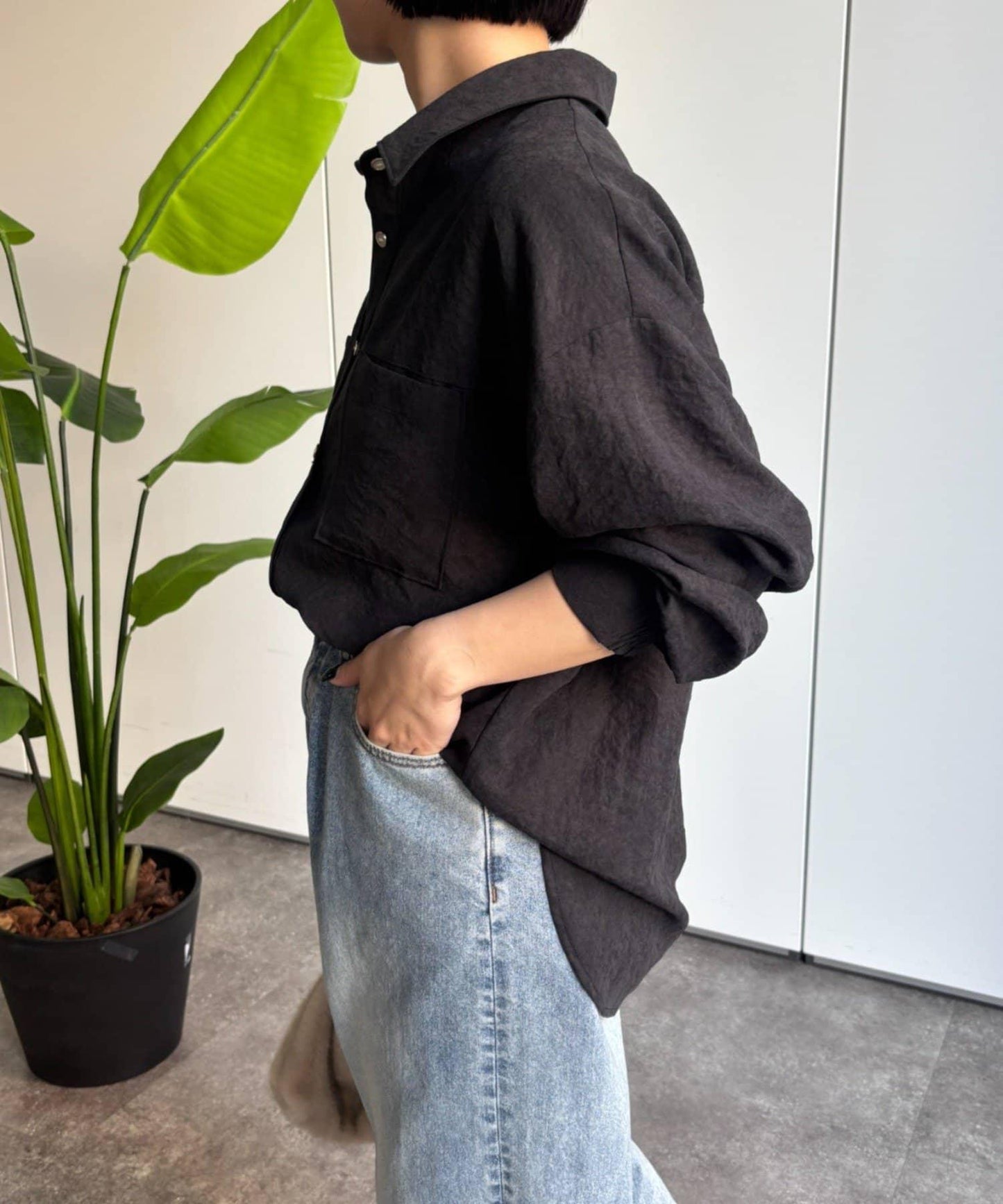 翻領休閒撞色口袋蜜桃絨襯衫