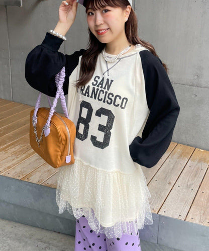 HELLO.SANFRANCISCO 華夫格Logo薄紗連帽衫式連衣裙