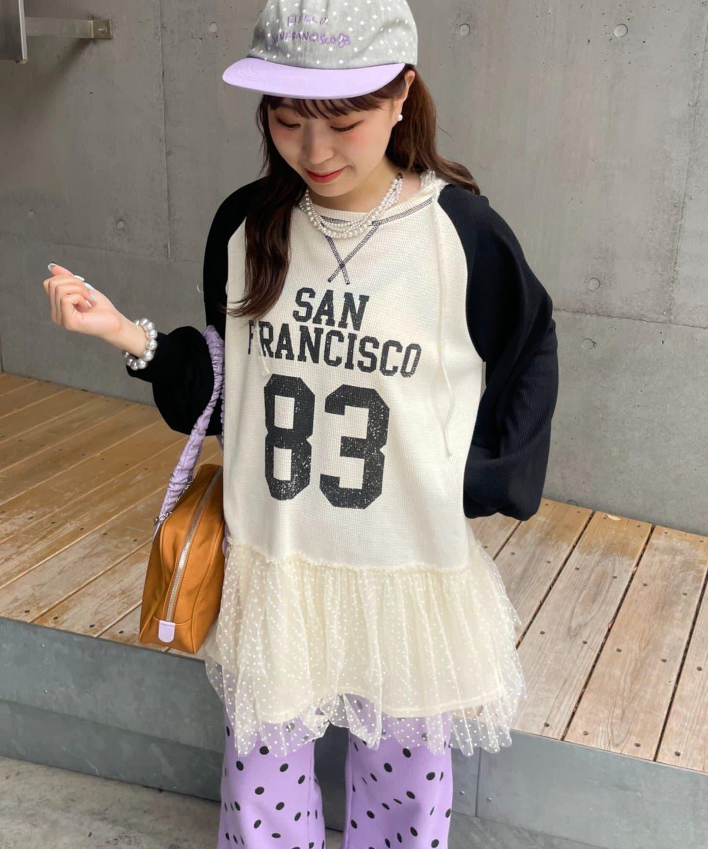 HELLO.SANFRANCISCO 華夫格Logo薄紗連帽衫式連衣裙