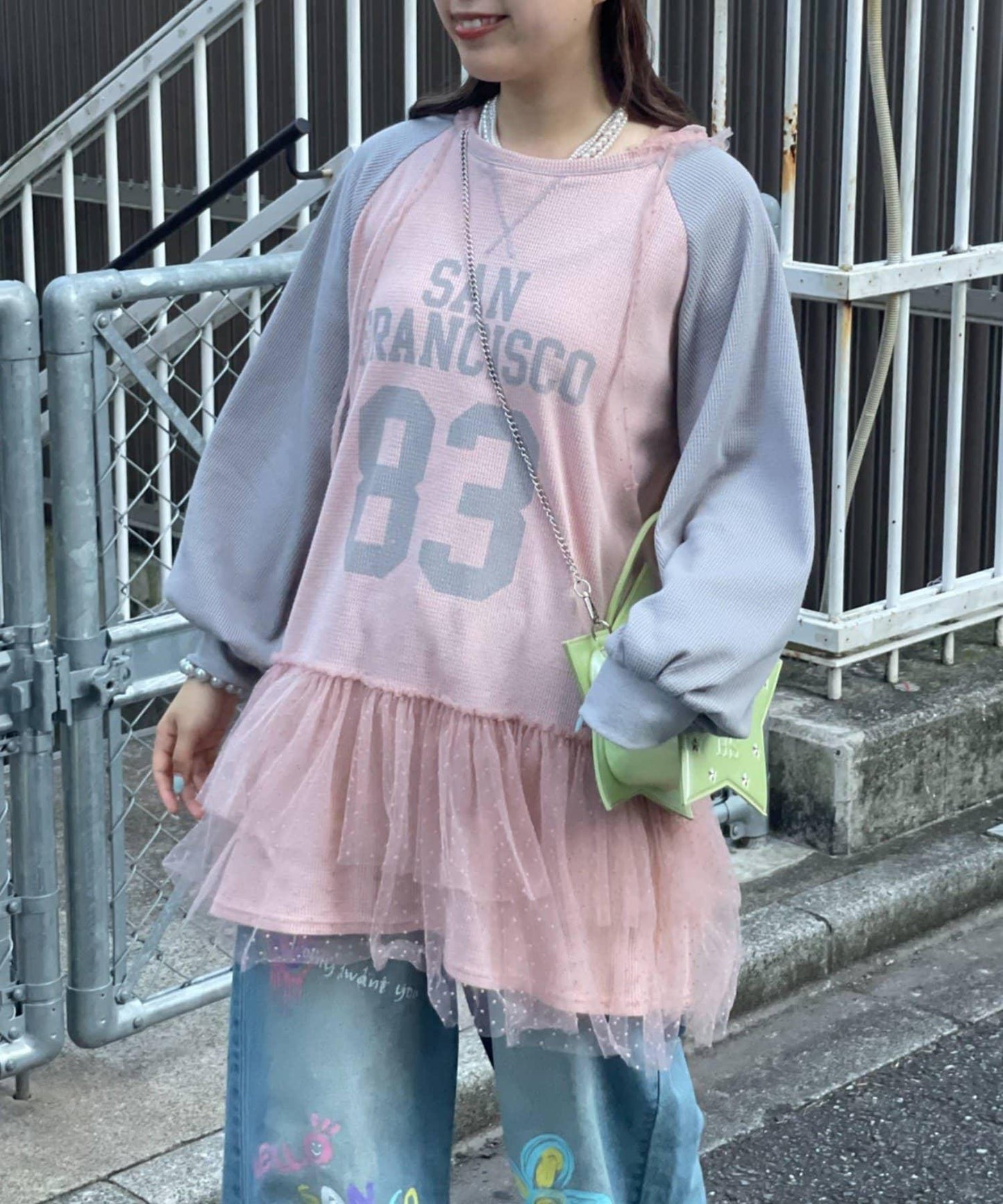 HELLO.SANFRANCISCO 華夫格Logo薄紗連帽衫式連衣裙