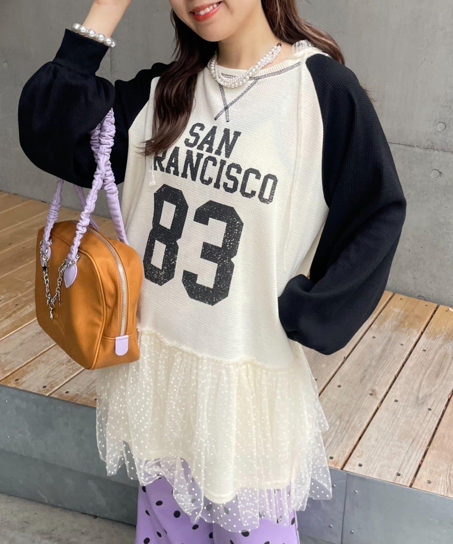 HELLO.SANFRANCISCO 華夫格Logo薄紗連帽衫式連衣裙