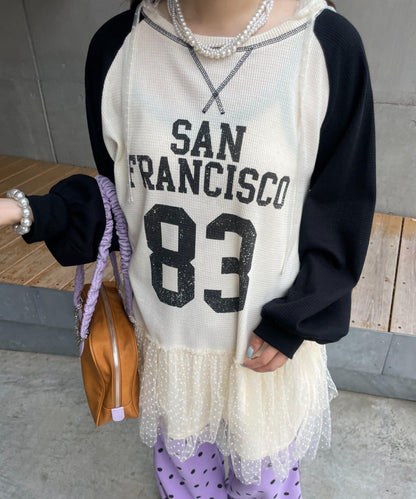 HELLO.SANFRANCISCO 華夫格Logo薄紗連帽衫式連衣裙