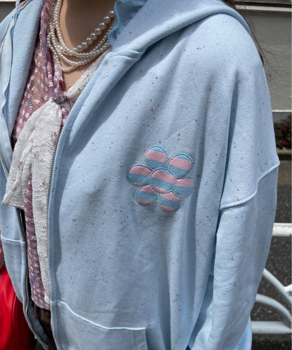 HELLO.SANFRANCISCO 條紋貼布荷葉邊拉鍊連帽衛衣