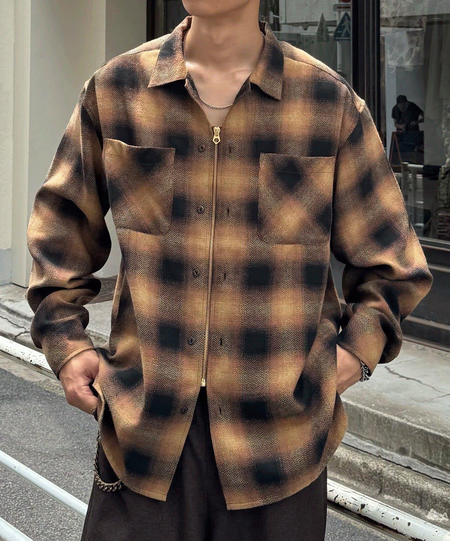 漸變格紋兩穿襯衫