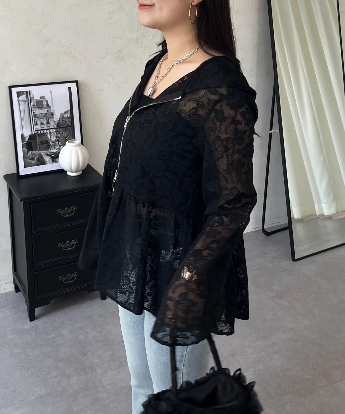 蕾絲連帽拉鍊襯衫
