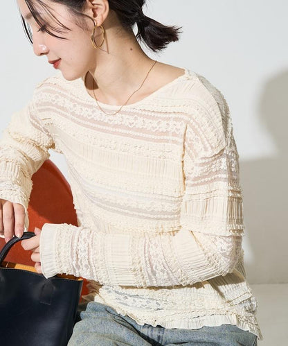 花朵 荷葉邊 條紋 蕾絲 上衣