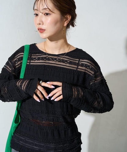 花朵 荷葉邊 條紋 蕾絲 上衣