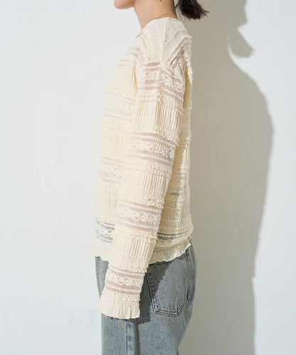 花朵 荷葉邊 條紋 蕾絲 上衣