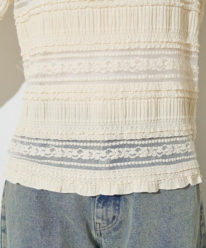 花朵 荷葉邊 條紋 蕾絲 上衣