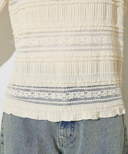花朵 荷葉邊 條紋 蕾絲 上衣
