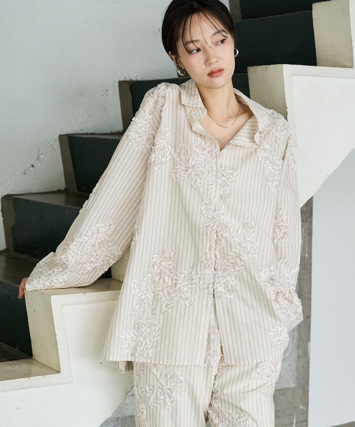 條紋 刺繡 寬鬆襯衫