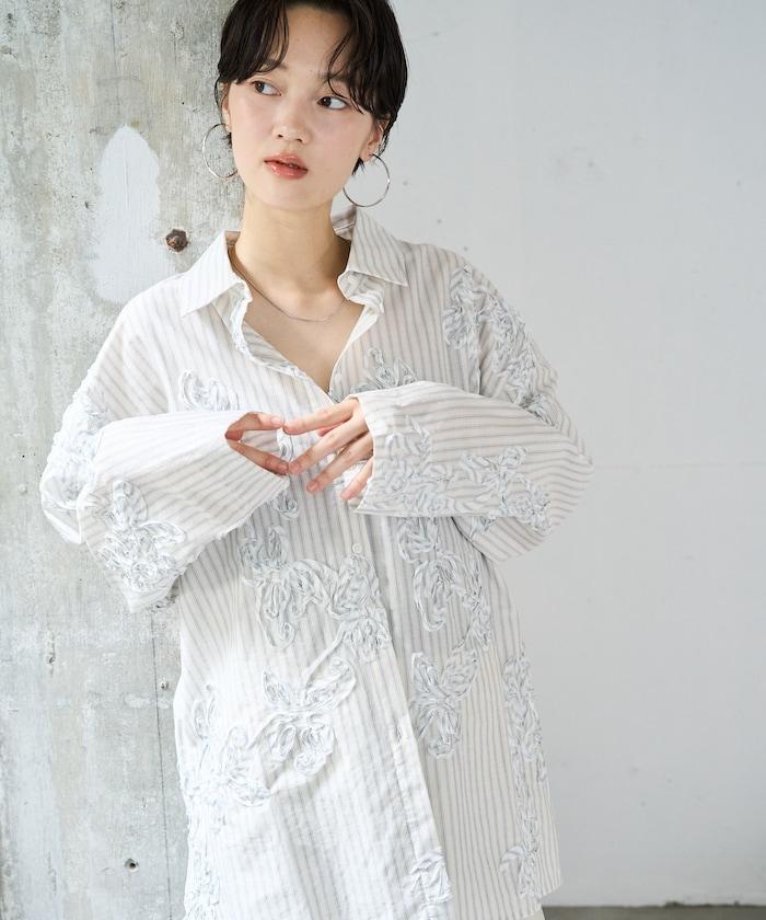 條紋 刺繡 寬鬆襯衫