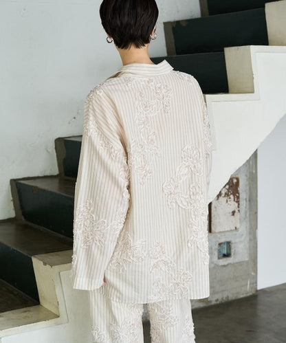 條紋 刺繡 寬鬆襯衫